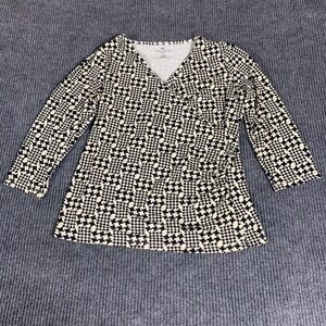 Talbots Top Womens Large Petite LP‎ White Black Faux Wrap Stretch 3/4 Sleeve AOP
